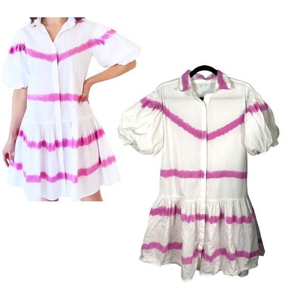 Wknd Wyfr Tulum Pink White Tiered Puff Sleeve Button Bubble Dress Size Medium - Picture 1 of 6